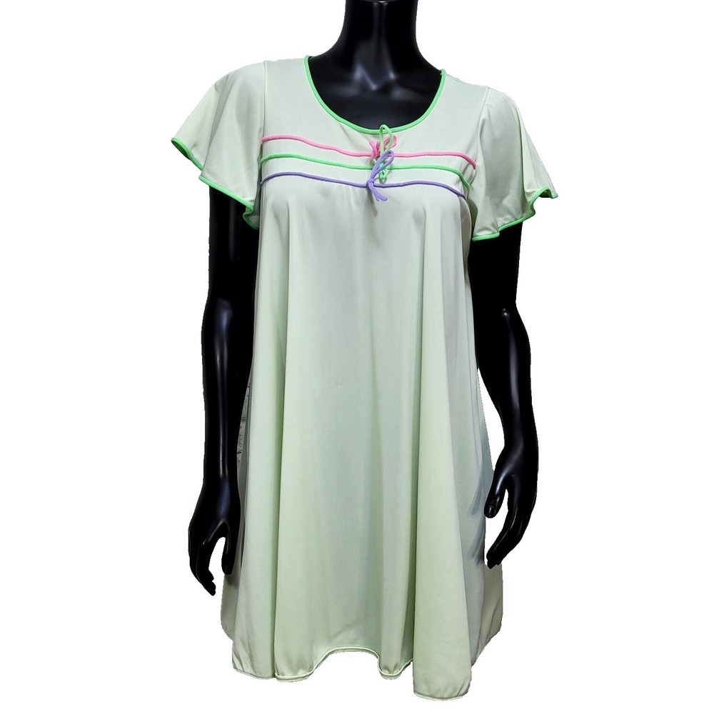 Vintage 70s 80s Lorraine Mint Green Nylon Babydoll Nightgown Pastel Stripes S‎